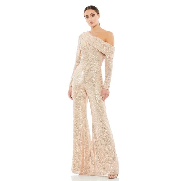 Mac Duggal 26596 Rose Gold Sequined Drop Shoulder Long Sleeve Jumpsuit 2 NWT - Picture 1 of 7